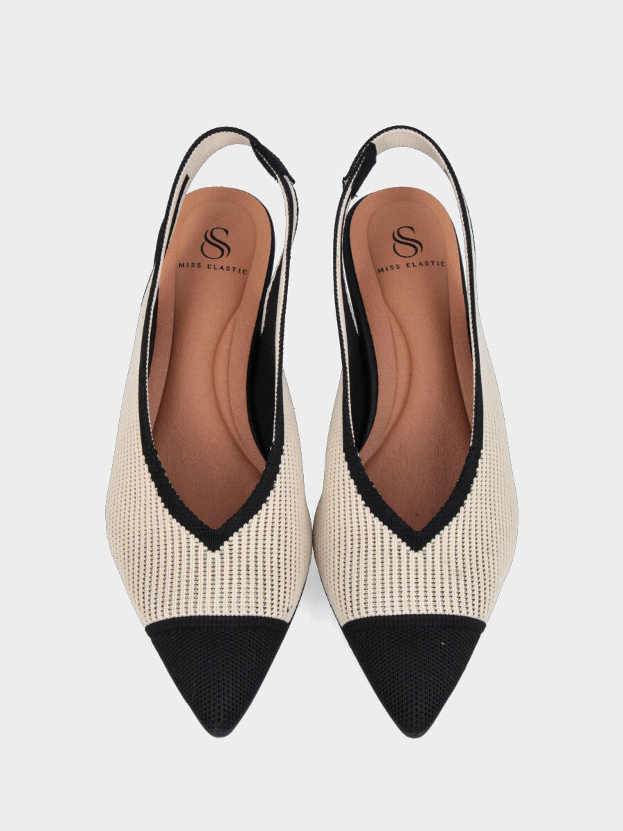 Slingback bicolore in tessuto elasticizzato crema e nero