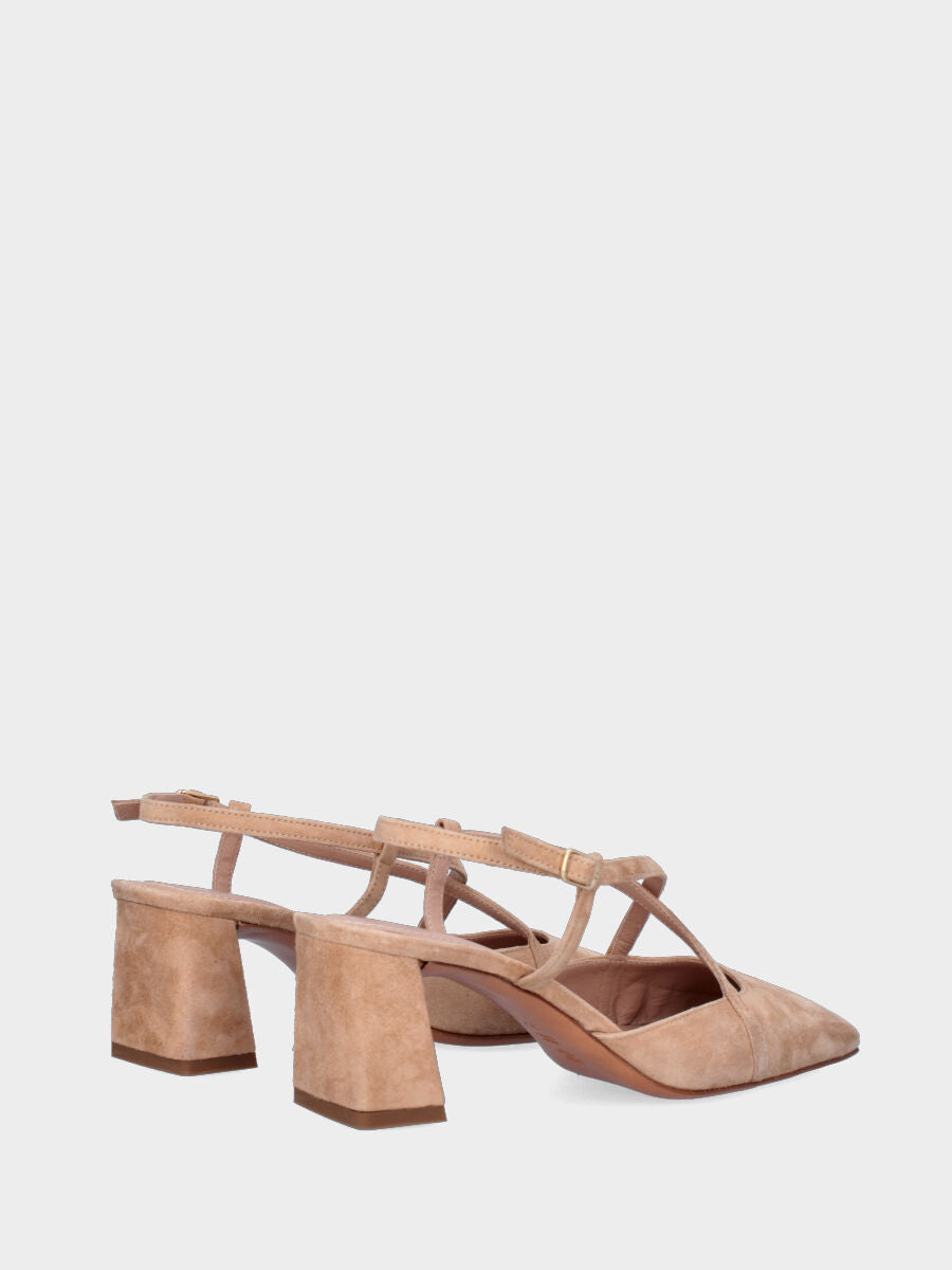 Slingback in camoscio beige con cinturini incrociati e tacco a blocco