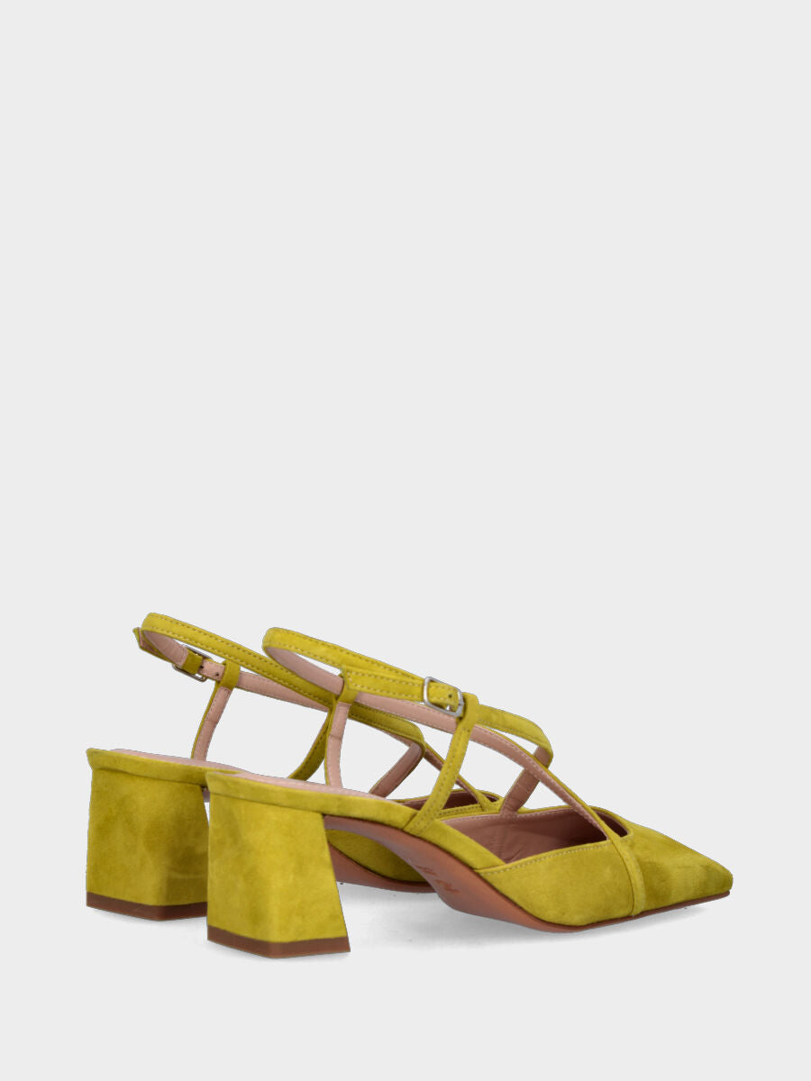 Slingback in camoscio color lime con cinturini incrociati e tacco a blocco