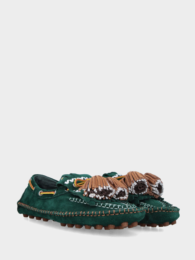 Mocassino indianino in crosta verde con infilature e napponi