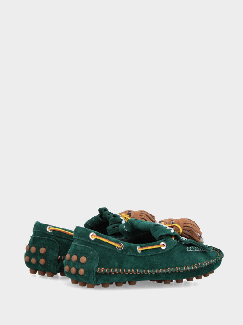 Mocassino indianino in crosta verde con infilature e napponi