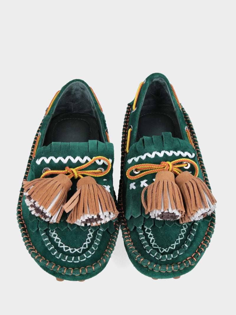 Mocassino indianino in crosta verde con infilature e napponi