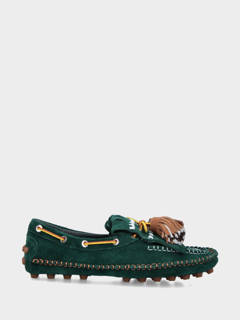 Mocassino indianino in crosta verde con infilature e napponi