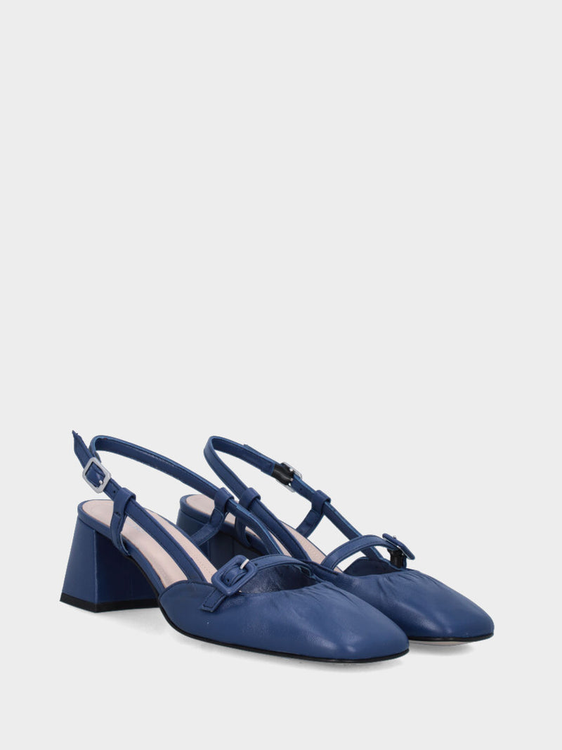 Slingback in nappa blu con tacco a blocco e cinturino fasciato
