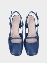 Slingback in nappa blu con tacco a blocco e cinturino fasciato