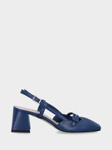 Slingback in nappa blu con tacco a blocco e cinturino fasciato