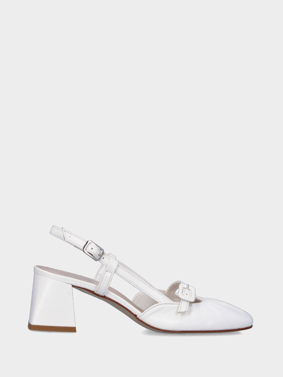 Slingback in nappa bianca con tacco a blocco e cinturino fasciato