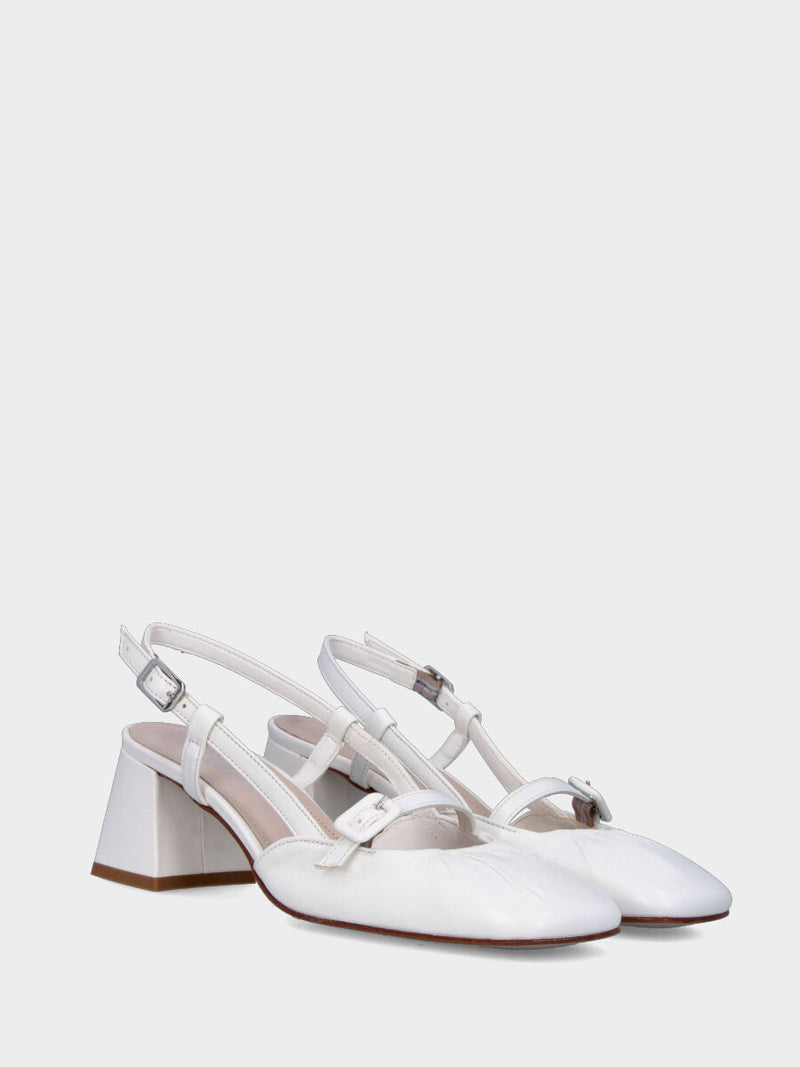 Slingback in nappa bianca con tacco a blocco e cinturino fasciato