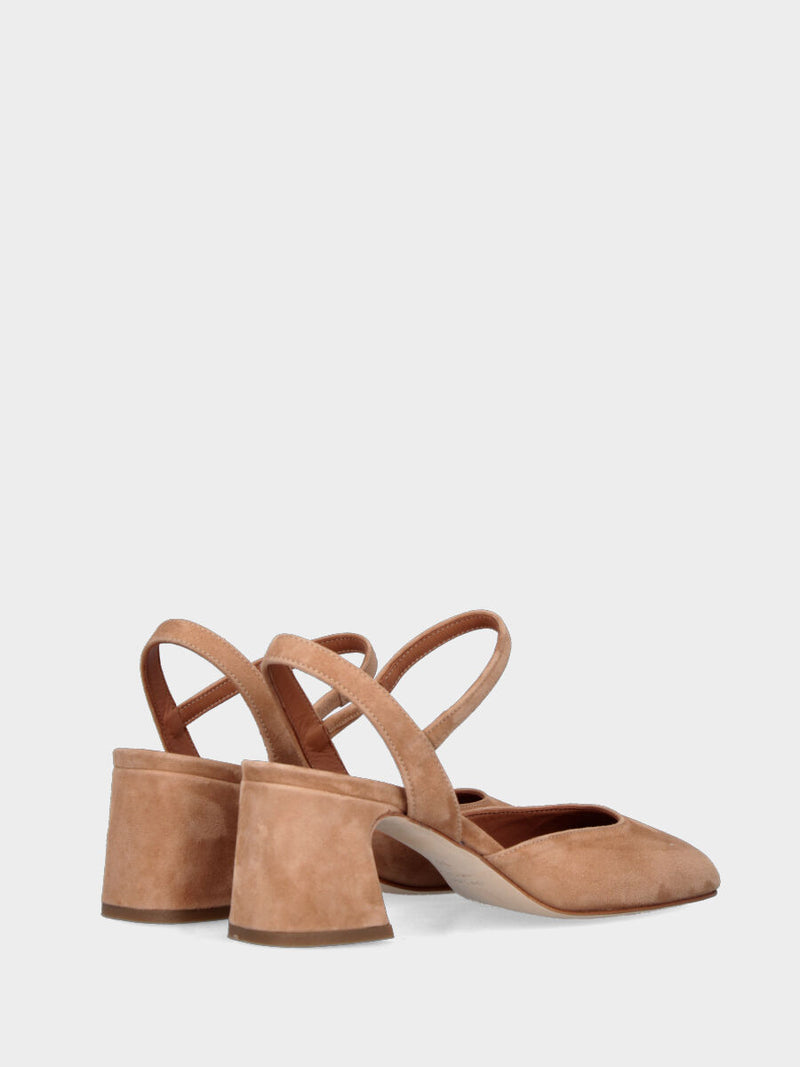 Slingback in camoscio beige con punta quadrata e cinturino elasticizzato