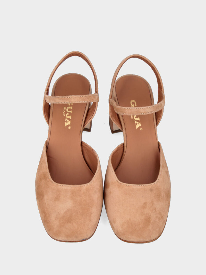 Slingback in camoscio beige con punta quadrata e cinturino elasticizzato