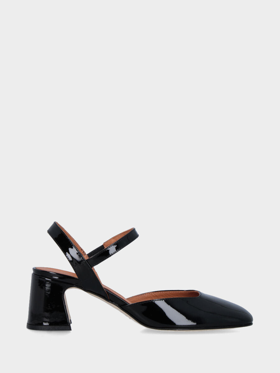 Escarpin slingback en vernis noir avec bout carré et bride élastiquée