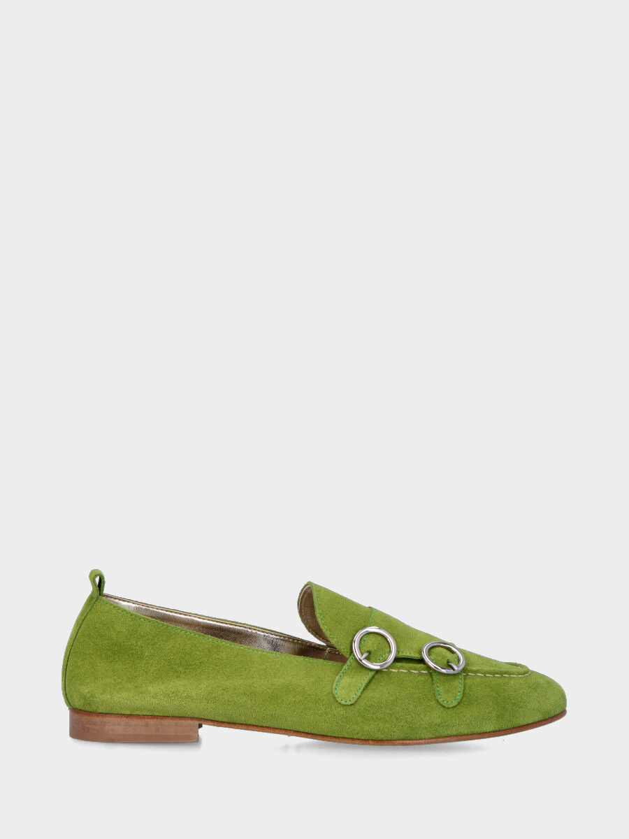 Mocassin en suède vert avec double boucle et couture adler
