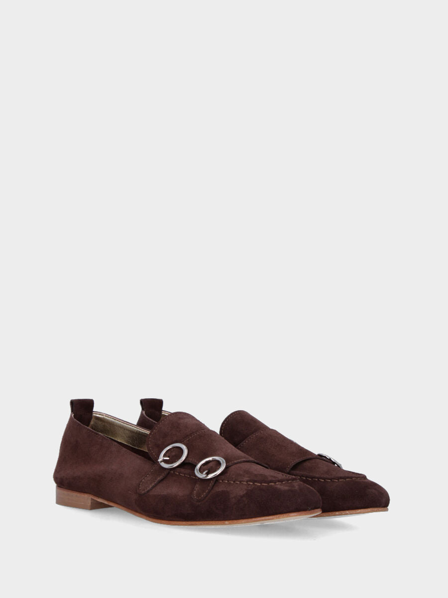 Dark brown suede moccasin with double buckle and Adler stitching