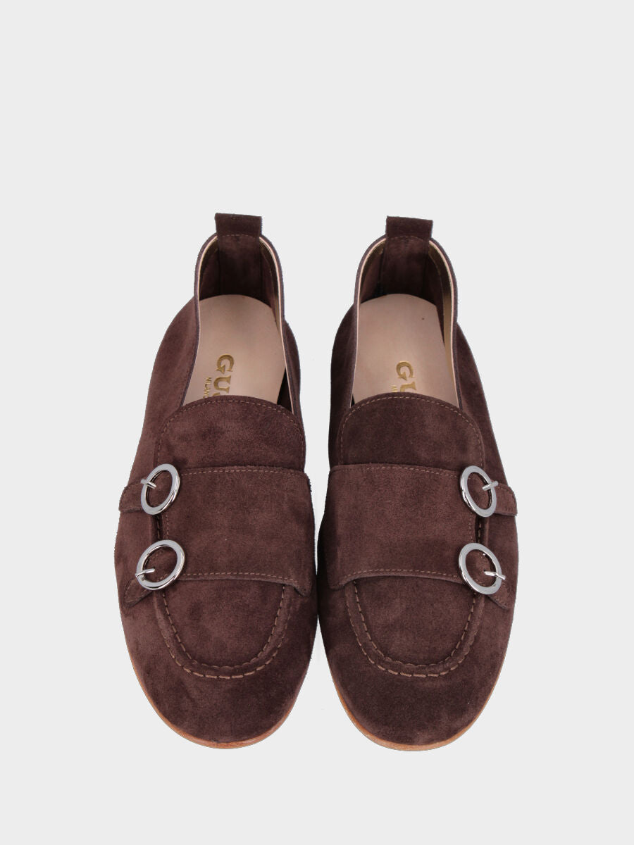 Dark brown suede moccasin with double buckle and Adler stitching
