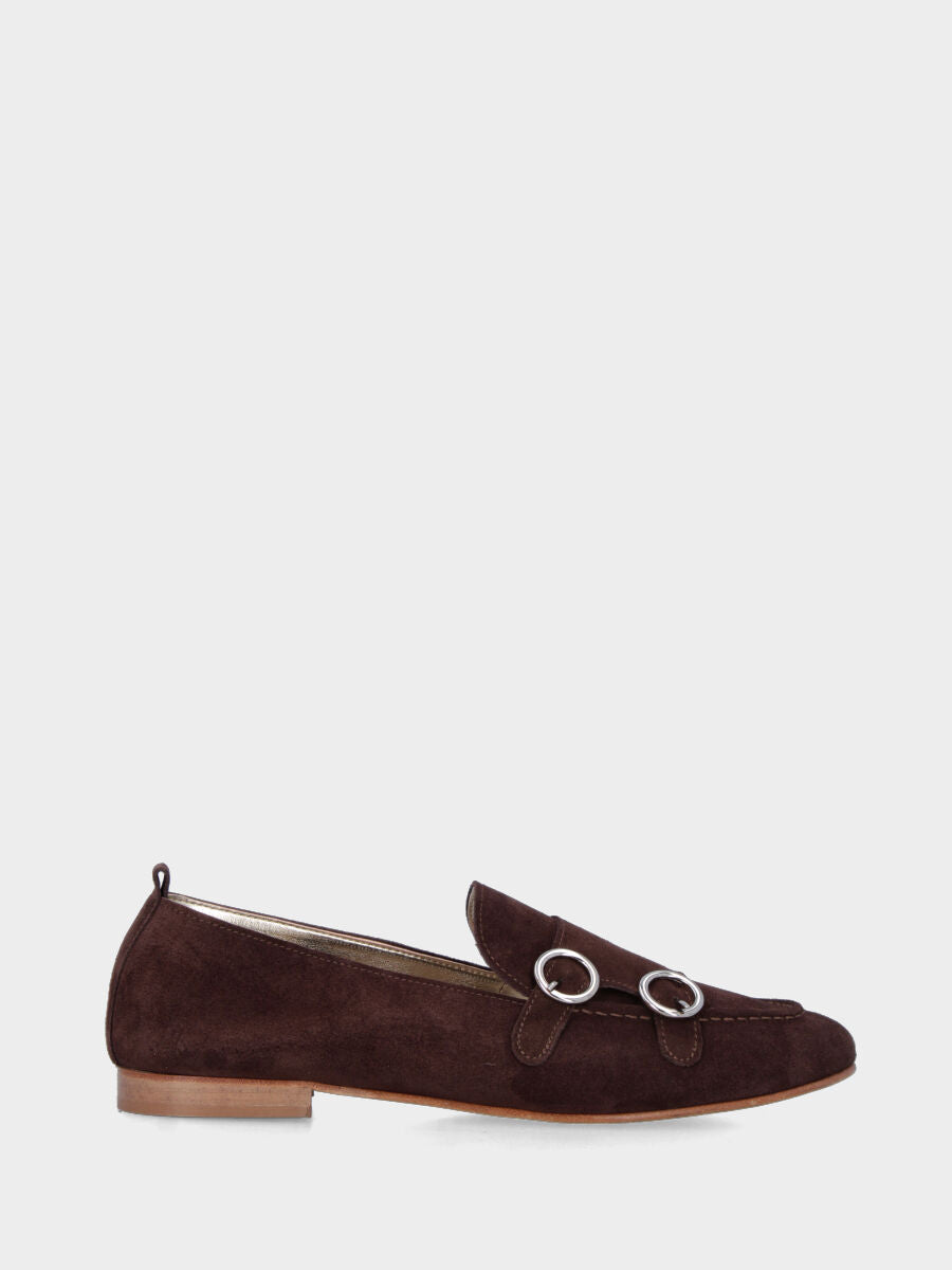 Dark brown suede moccasin with double buckle and Adler stitching