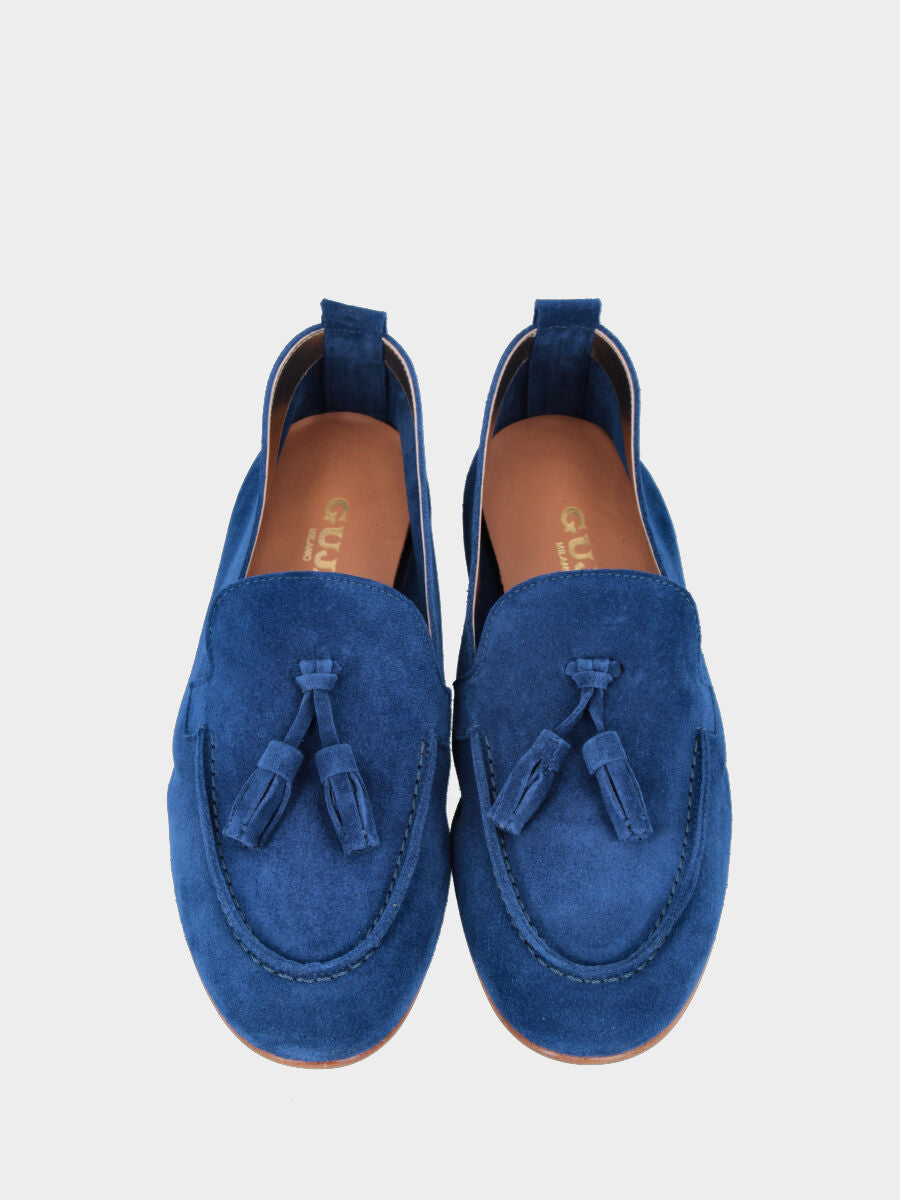 Mocassino in camoscio blu royal con nappine e cucitura adler