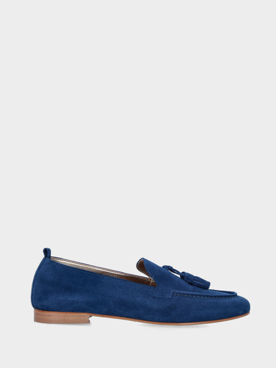 Mocassino in camoscio blu royal con nappine e cucitura adler