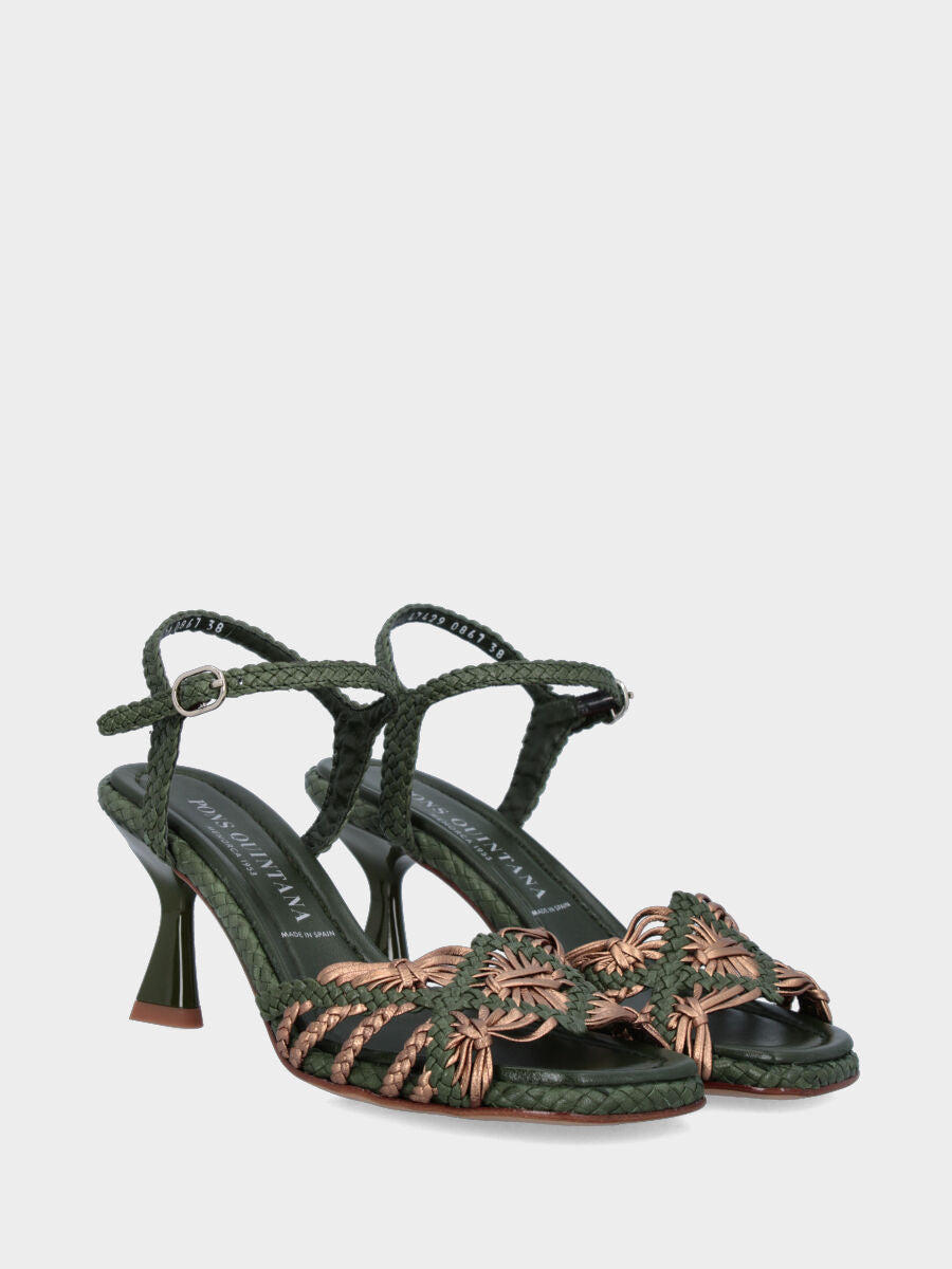 Sandalo in nappa verde con listini intrecciati e tacco a calice