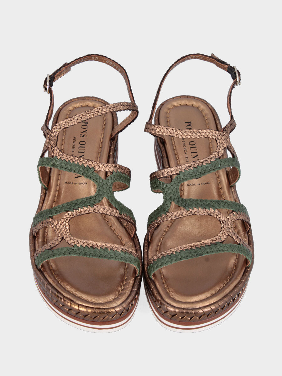 Sandalo platform in laminato bronzo con intrecci verdi e bronzo