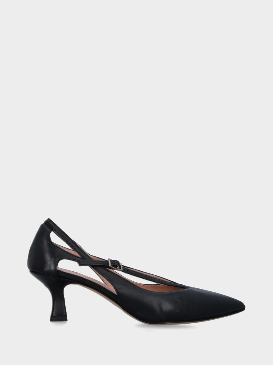 Décolleté in nappa nera con tacco incavato 50 mm e cinturini a V