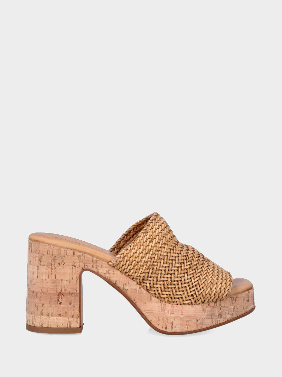 Ciabattone in rafia beige con zeppa in sughero e fascia intrecciata