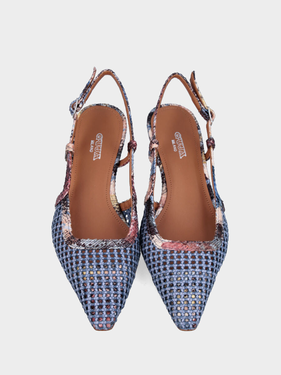 Slingback in rafia celeste con profili e tacco a coda