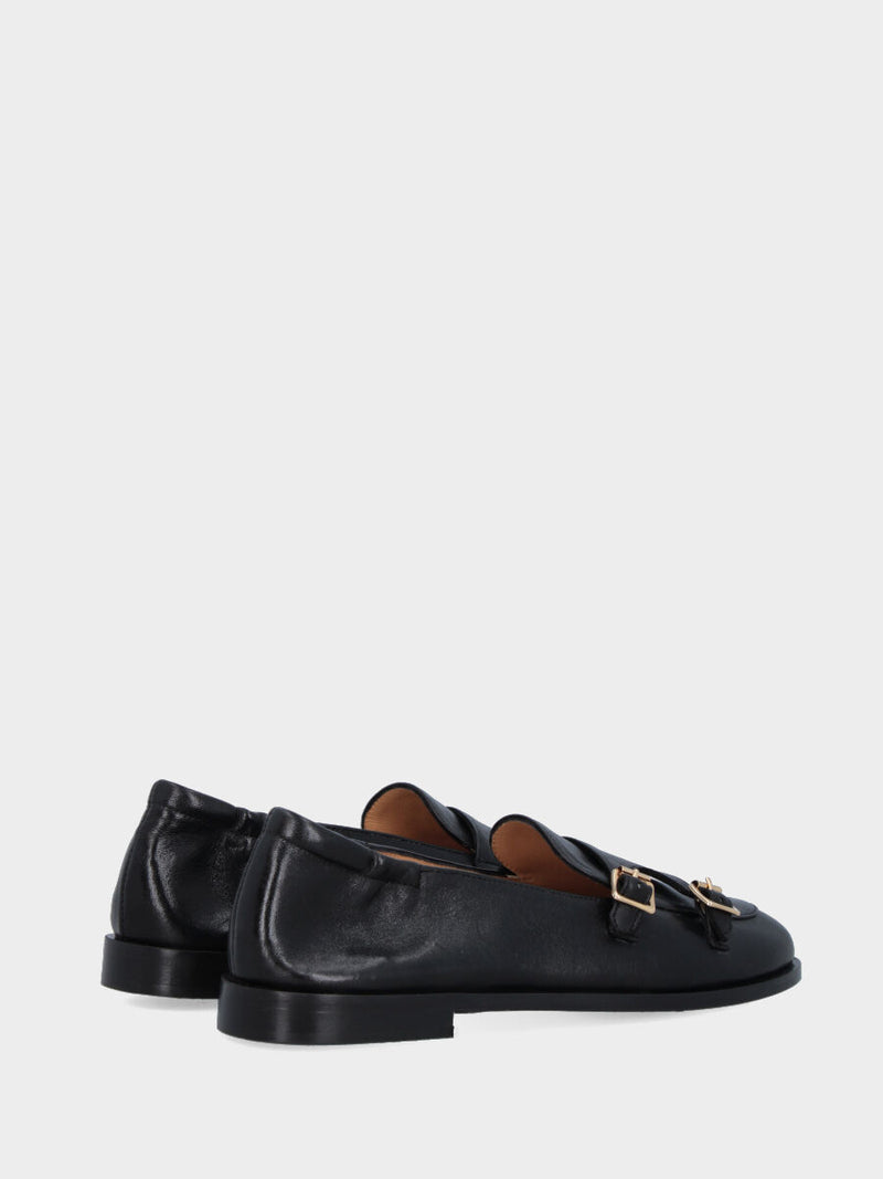Mocassino in nappa nera con doppie fibbie