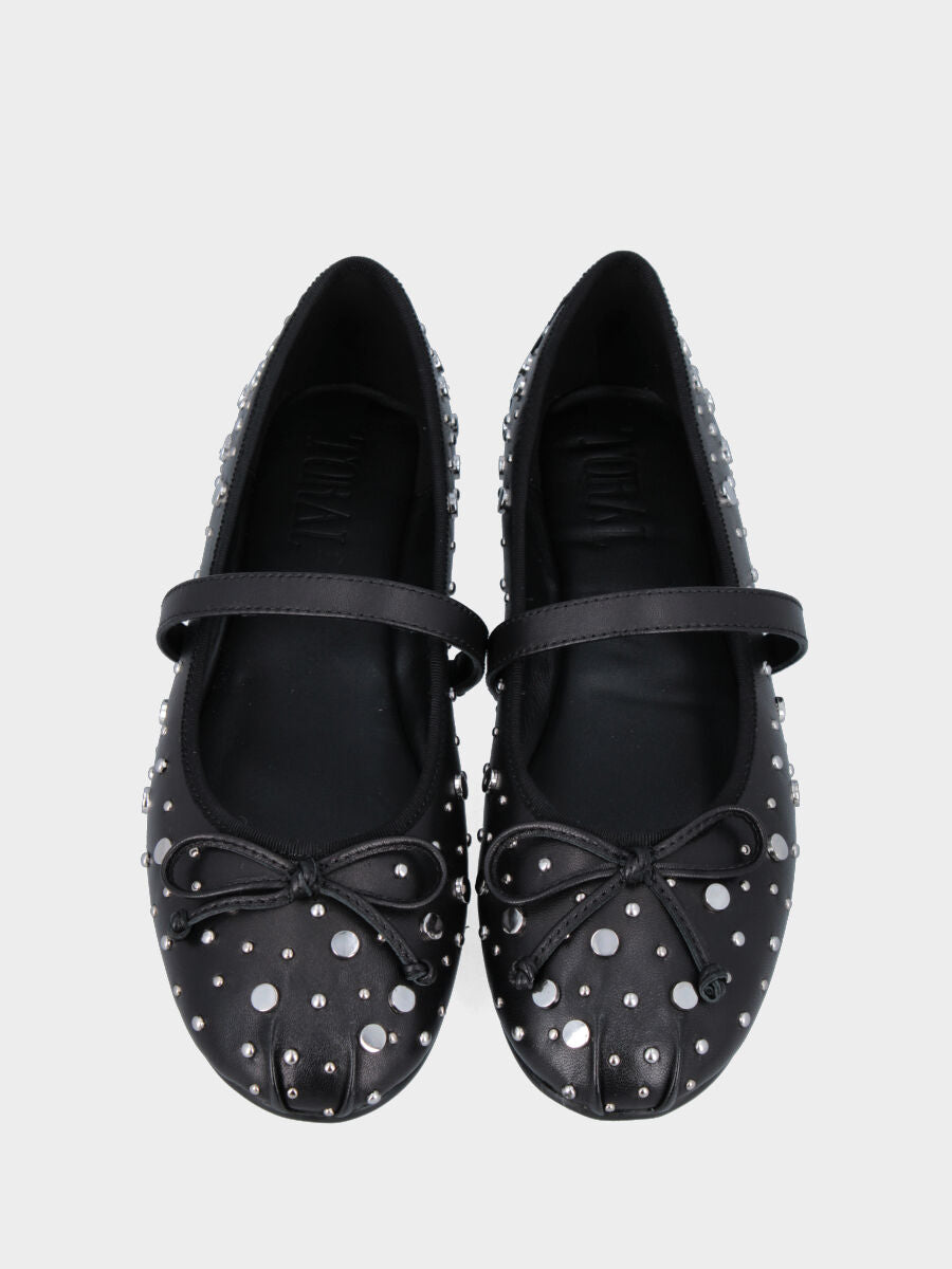 Ballerine Mary Jane plate en nappa noire avec clous et bride