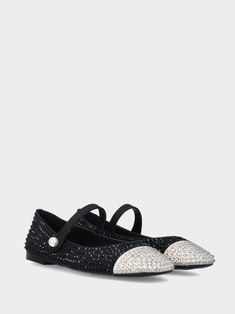 Ballerina Mary Jane in tessuto nero con punta bianca e cristalli