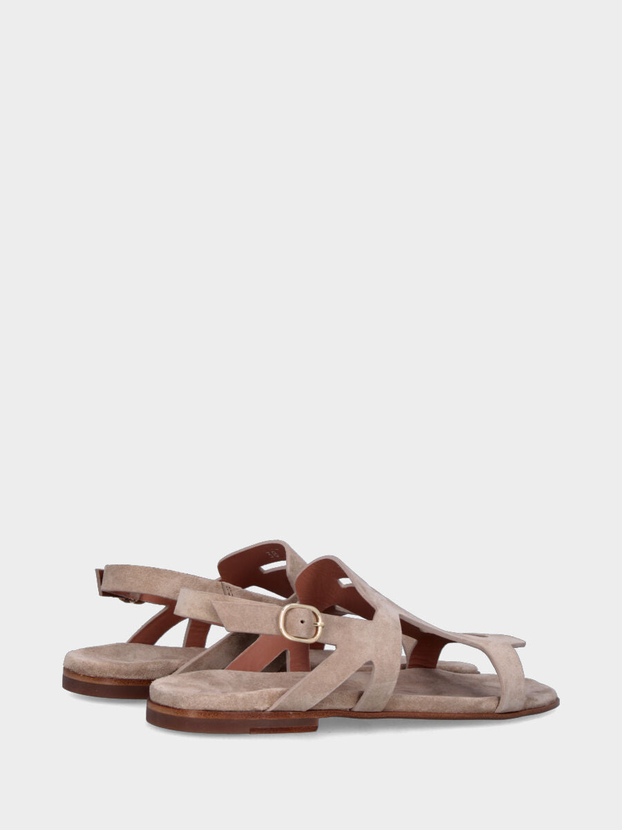 Sandalo in velour beige con aperture geometriche e sottopiede imbottito