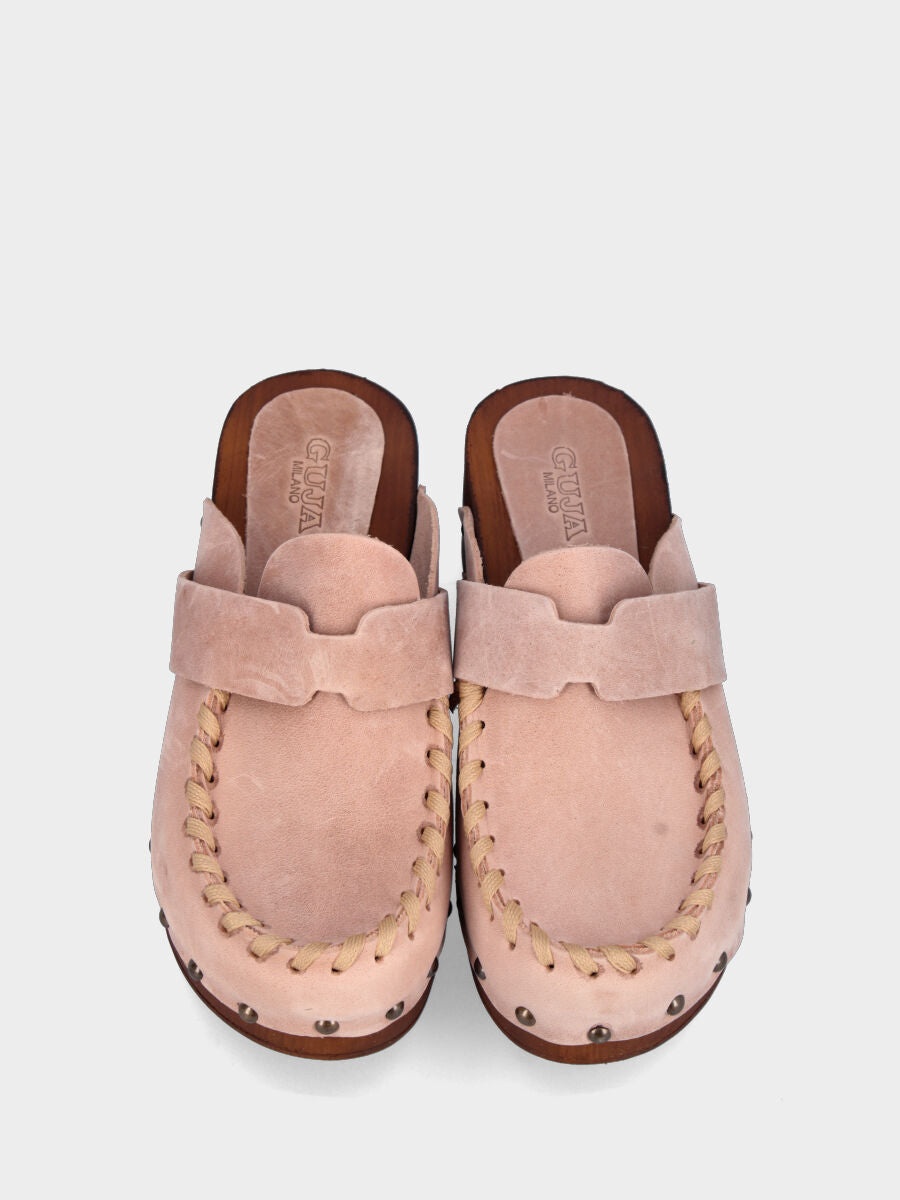 Zoccolo mocassino sabot in vitello beige con vaschetta cucita