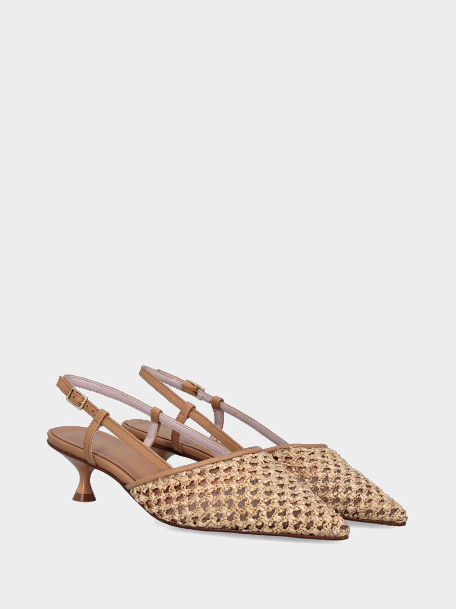 Slingback in rafia beige intrecciata con tacco a calice