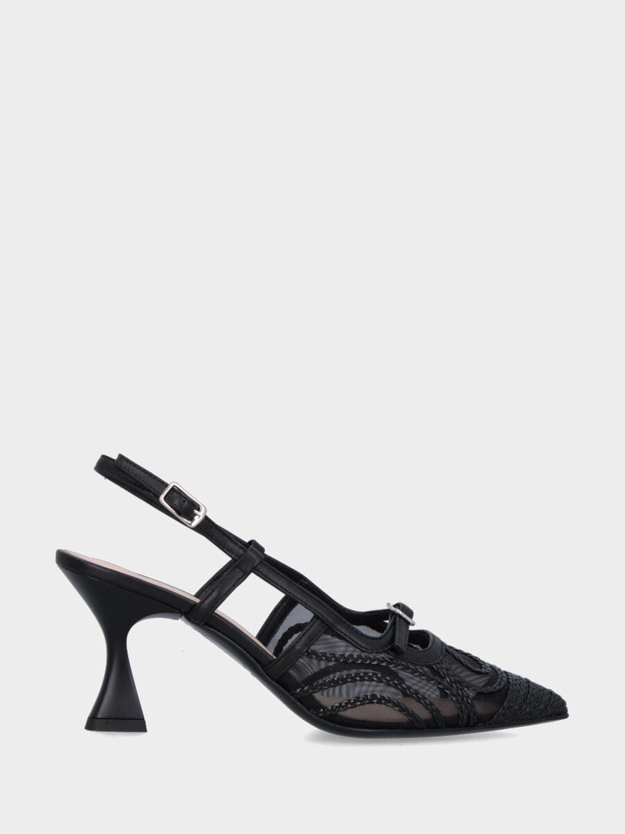 Slingback in vitello nero con ricamo su zanzariera