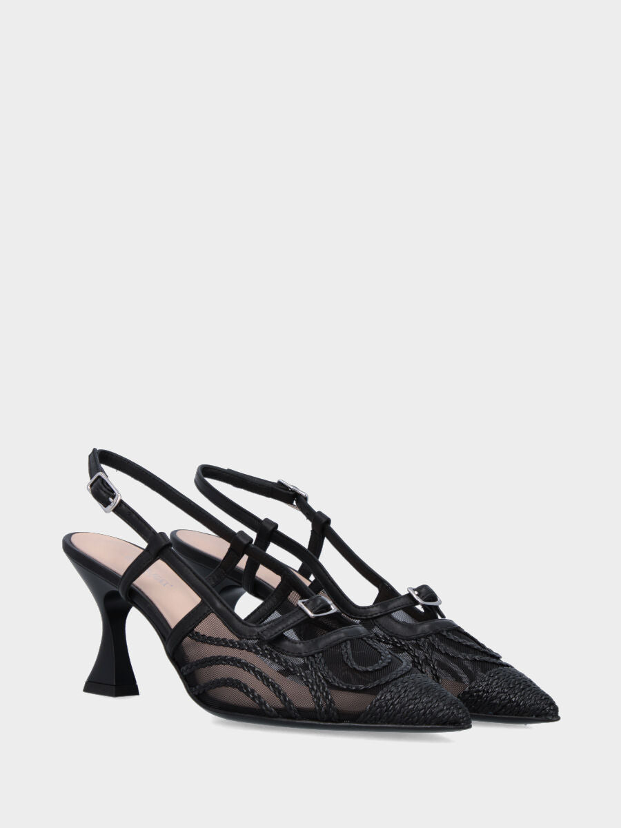 Slingback in vitello nero con ricamo su zanzariera