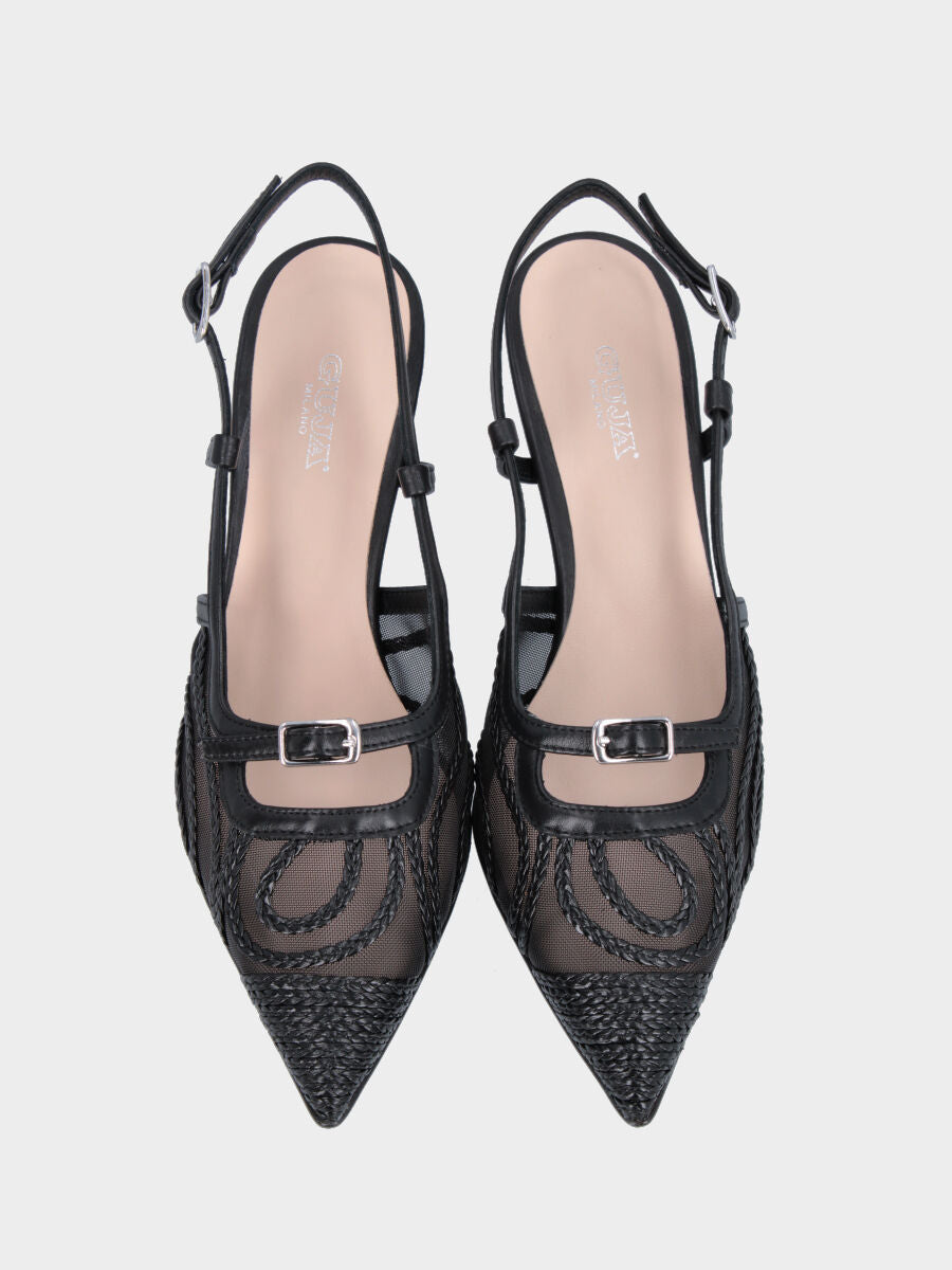 Slingback in vitello nero con ricamo su zanzariera