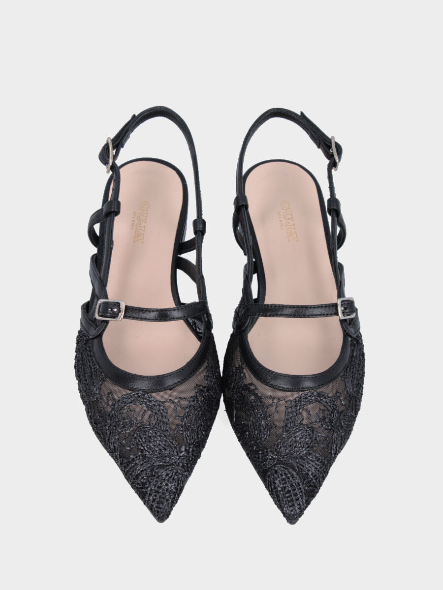 Slingback in nappa nera con ricamo su zanzariera e tacco basso