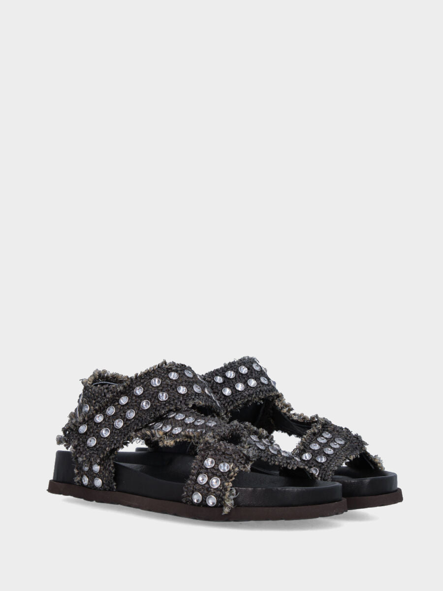 Sandalo in rafia nera con borchie di strass e fusbet 20mm
