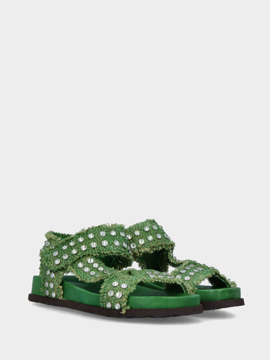 Sandalo in rafia verde con borchie di strass e fusbet 20mm