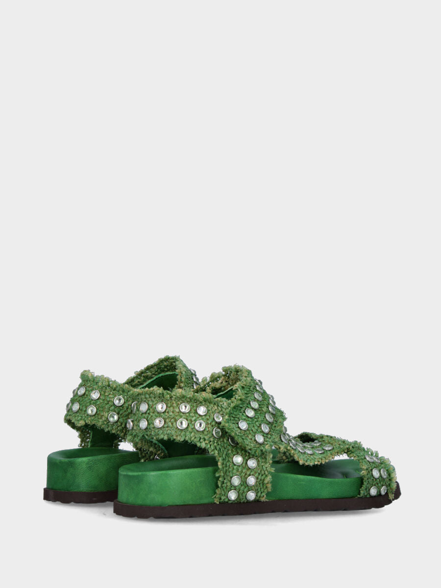 Sandalo in rafia verde con borchie di strass e fusbet 20mm