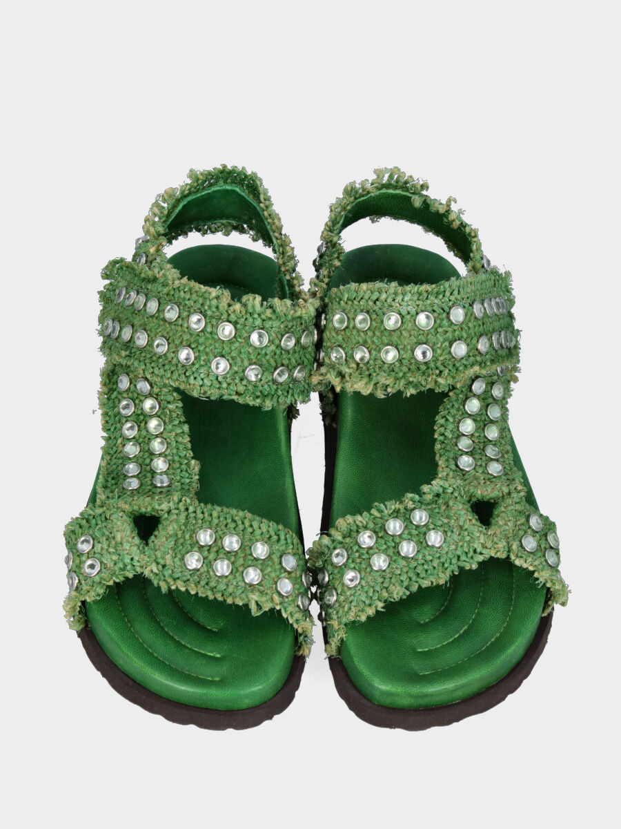 Sandalo in rafia verde con borchie di strass e fusbet 20mm