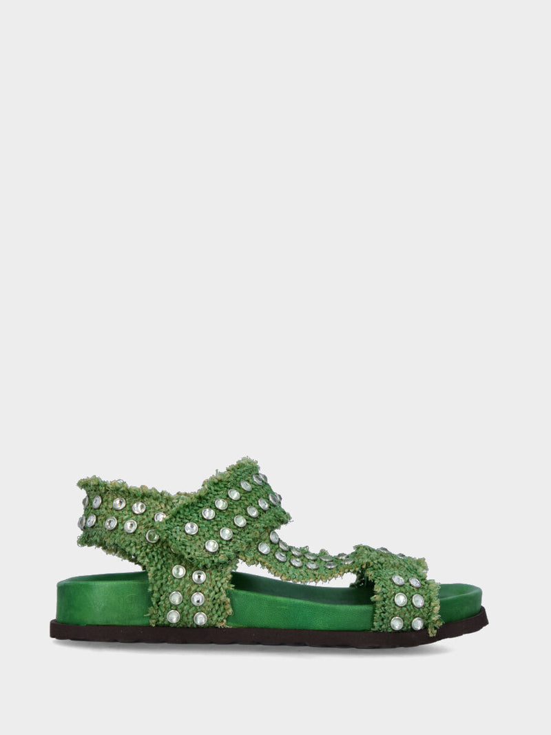 Sandalo in rafia verde con borchie di strass e fusbet 20mm