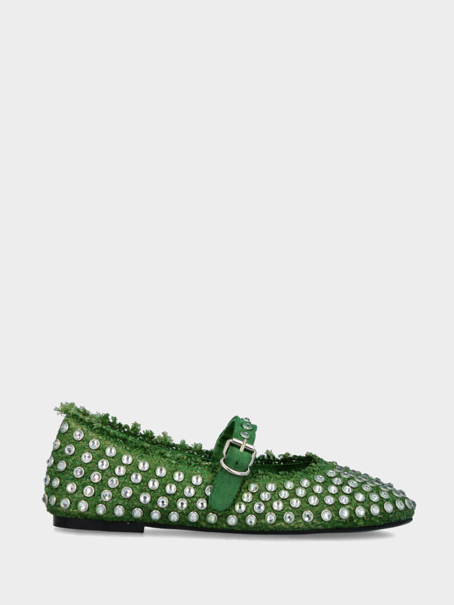 Ballerina Mary Jane in rafia verde con strass a borchie