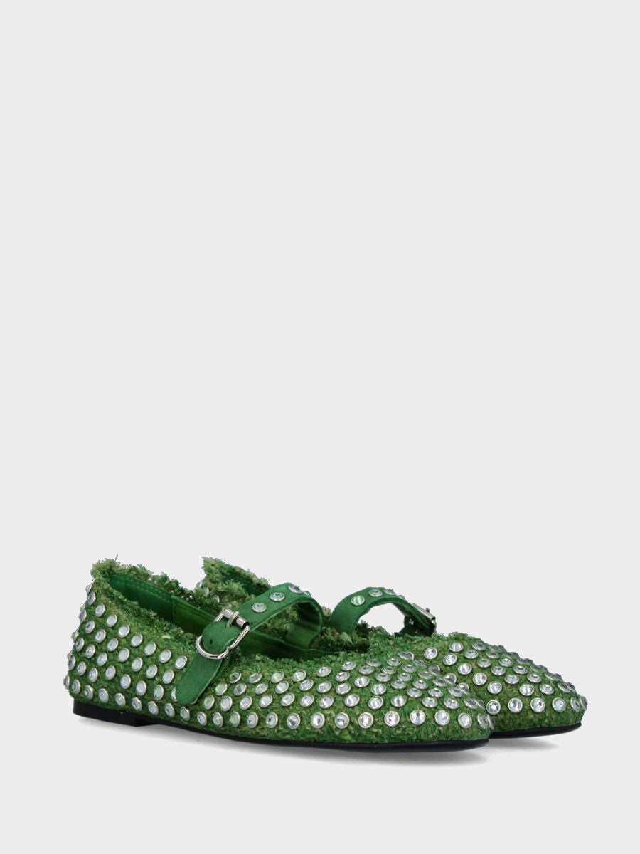 Ballerina Mary Jane in rafia verde con strass a borchie
