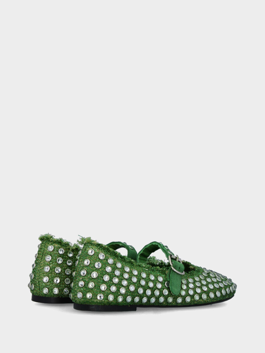 Ballerina Mary Jane in rafia verde con strass a borchie