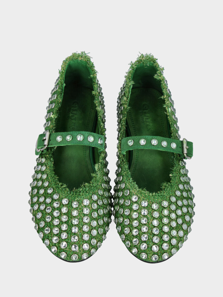 Ballerina Mary Jane in rafia verde con strass a borchie