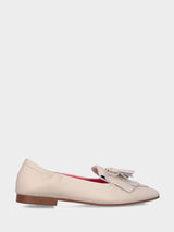 Mocassino a sacchetto in nappa beige con frangia e nappine