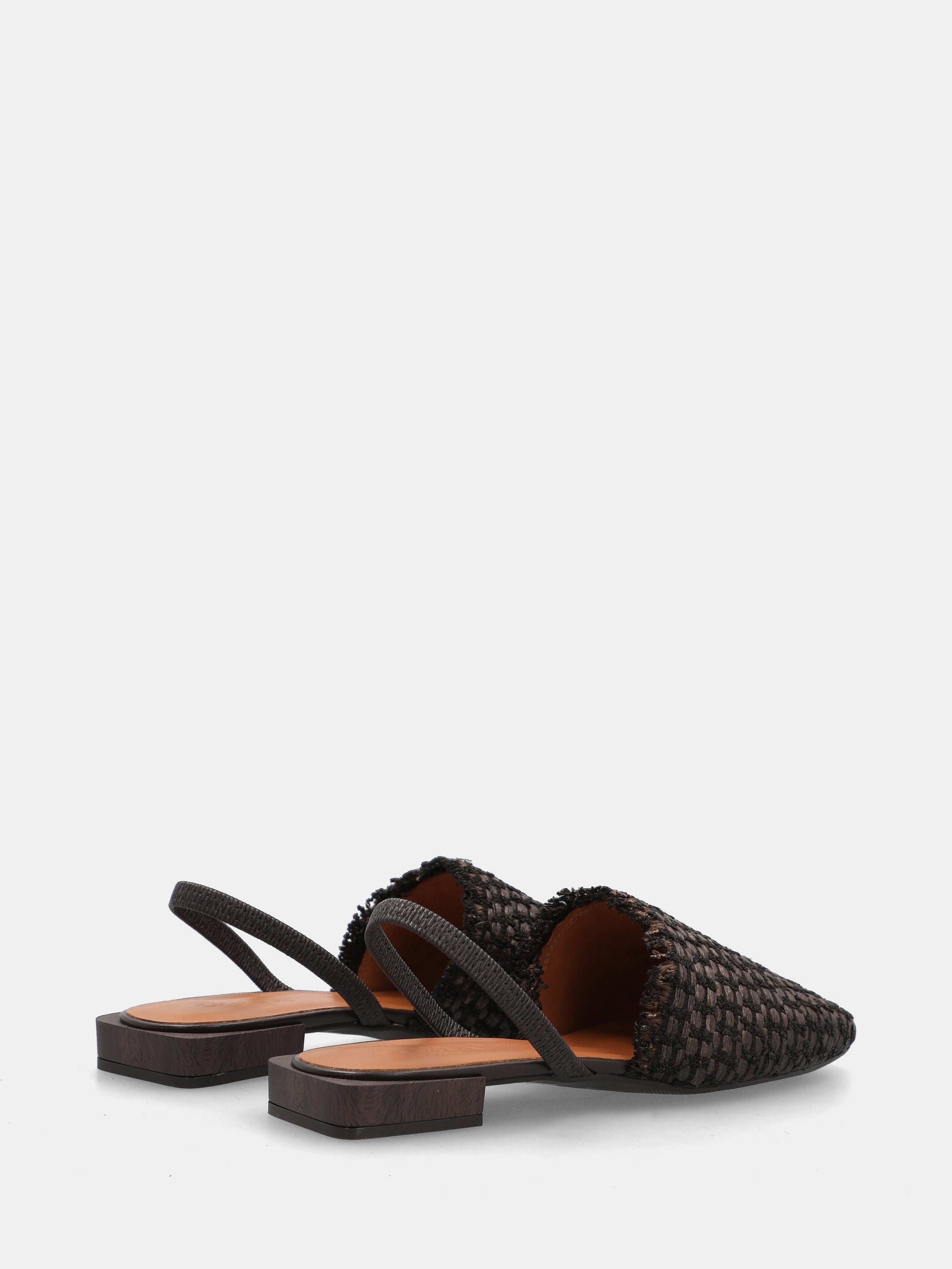 Dark brown raffia clogs with elastic at the heel
