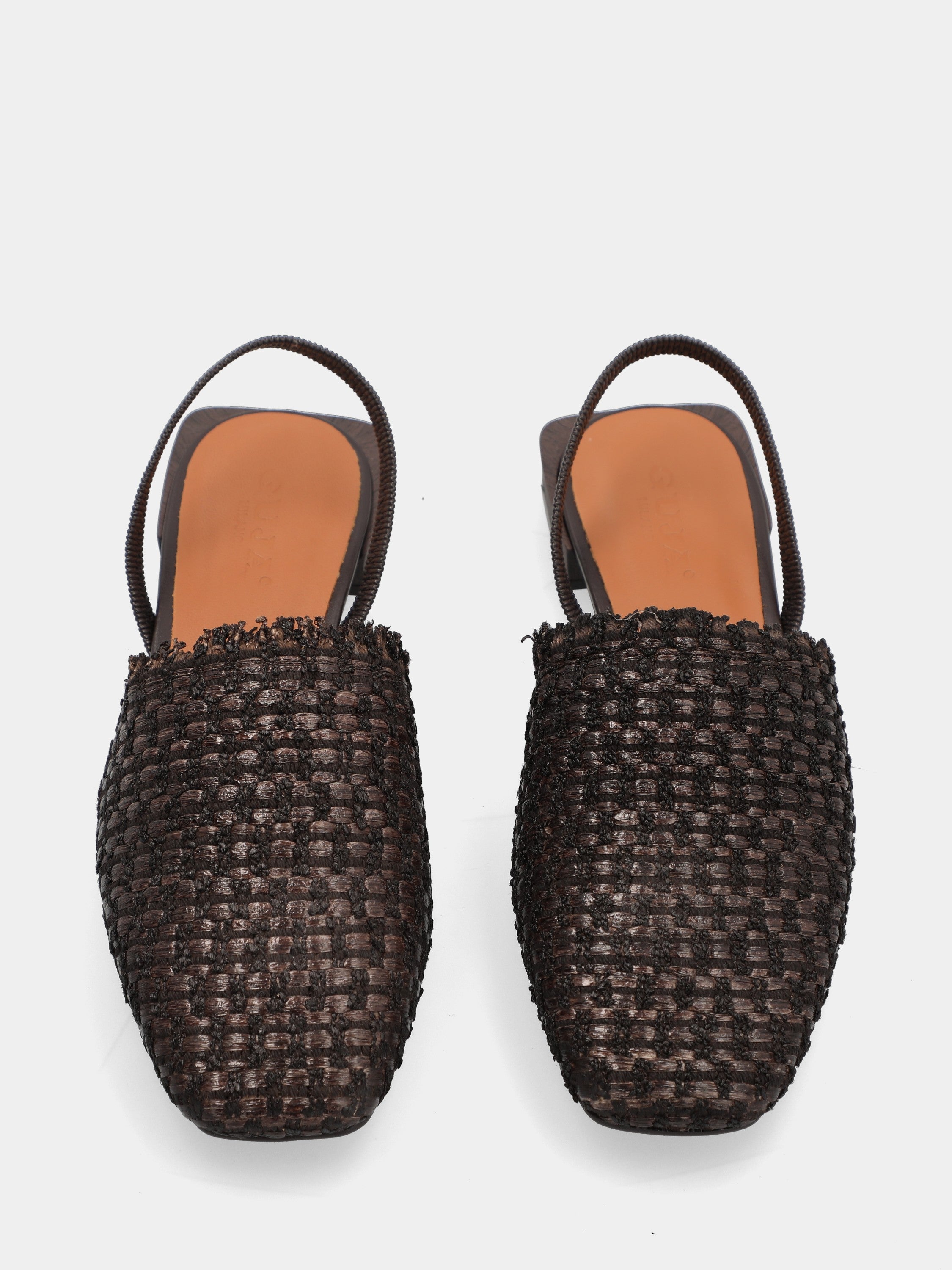 Dark brown raffia clogs with elastic at the heel