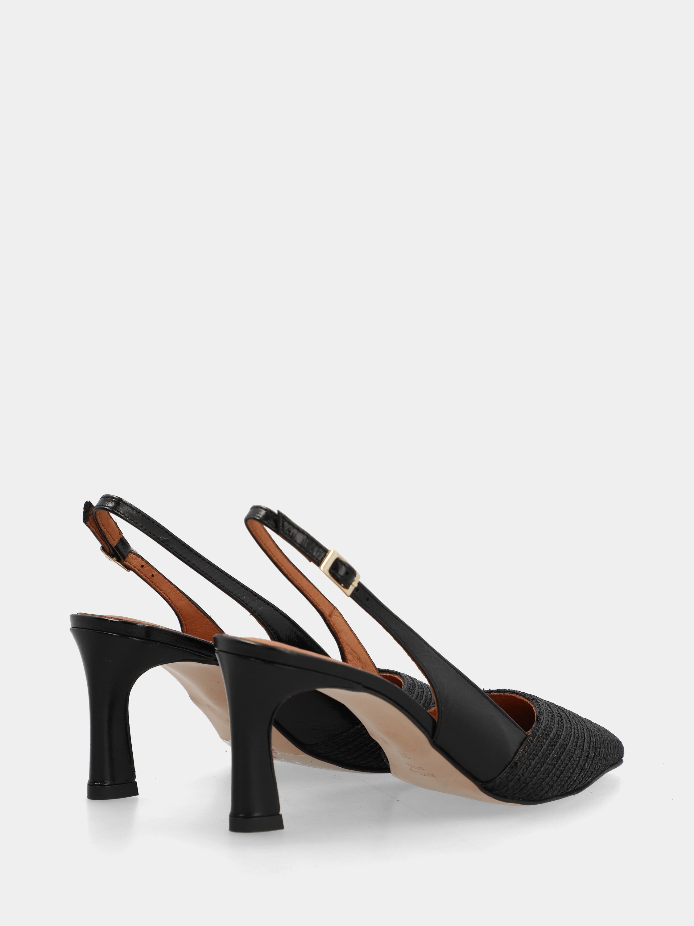 Slingback en raphia et nappa noir avec talon aiguille
