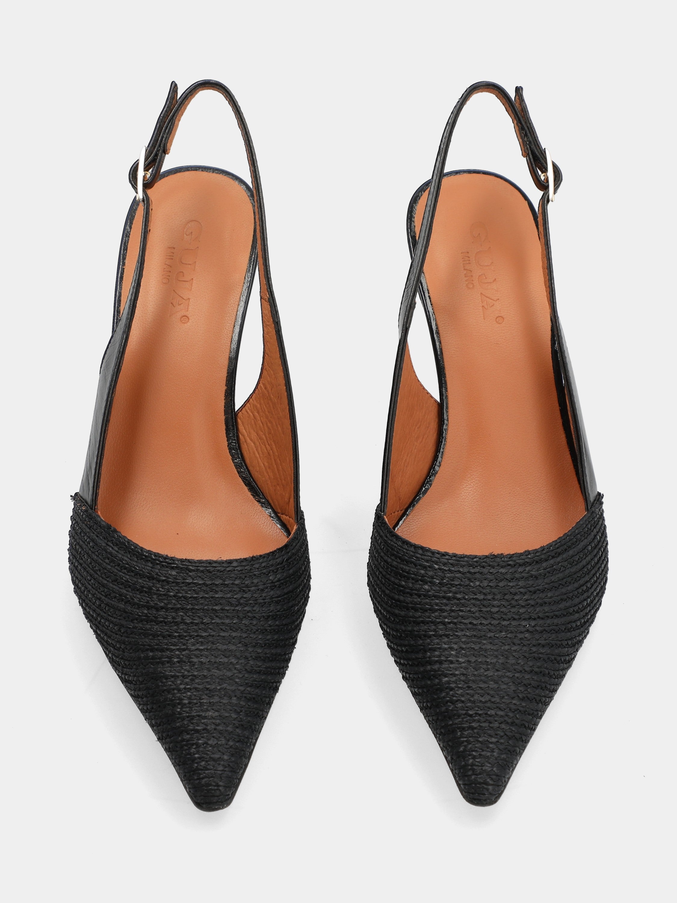 Slingback en raphia et nappa noir avec talon aiguille